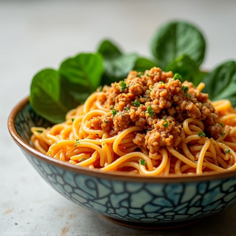 Spicy Creamy Peanut Ground Pork Noodles with Fresh Greens