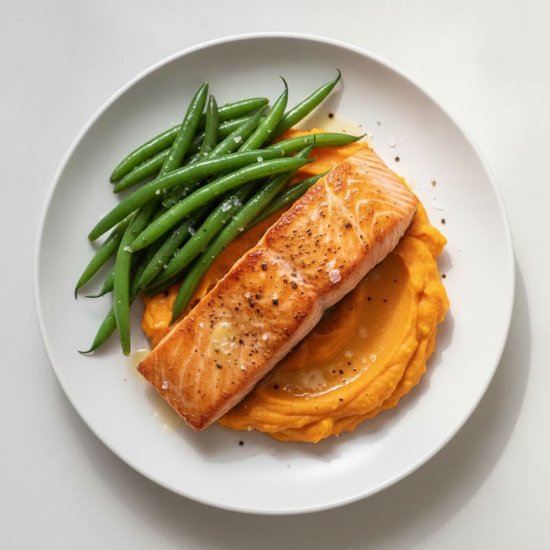 Seared Salmon with Steamed Green Beans and Sweet Potato Mash