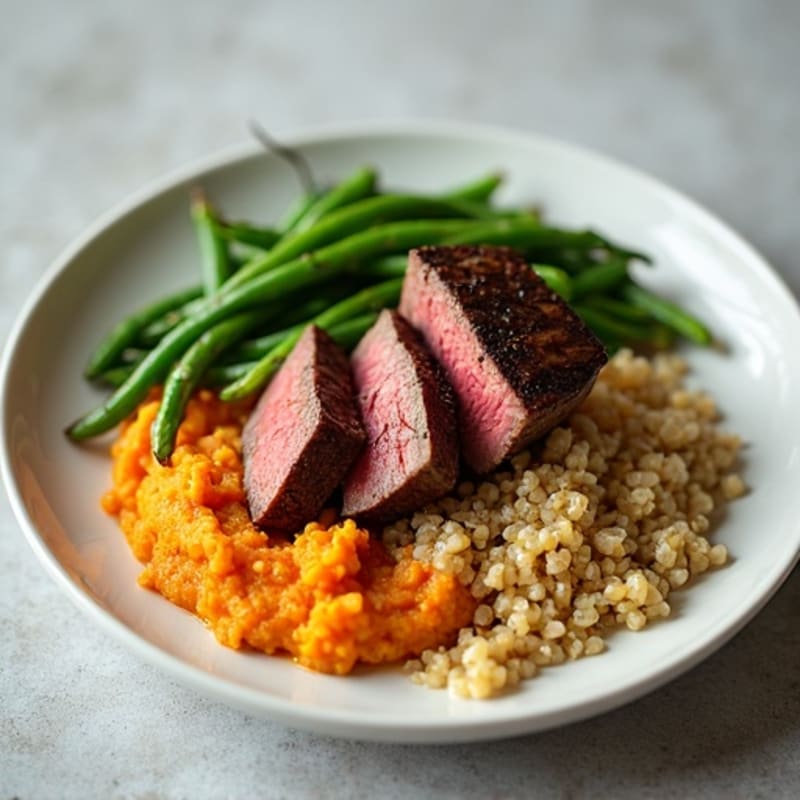 Seared Lean Beef with Garlic Green Beans and Sweet Potato Mash