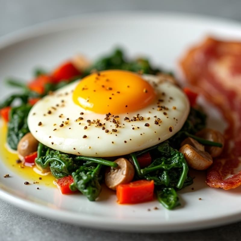 Fluffy Steamed Egg Whites with Veggie Medley and Turkey Bacon