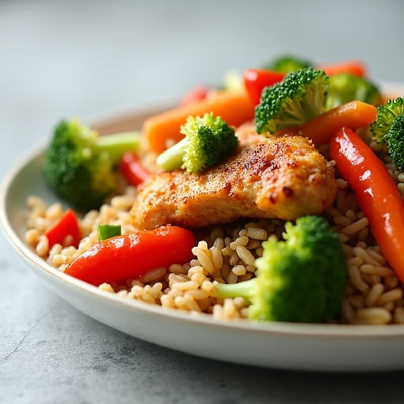 Crispy Chicken and Fresh Vegetable Brown Rice Stir-Fry