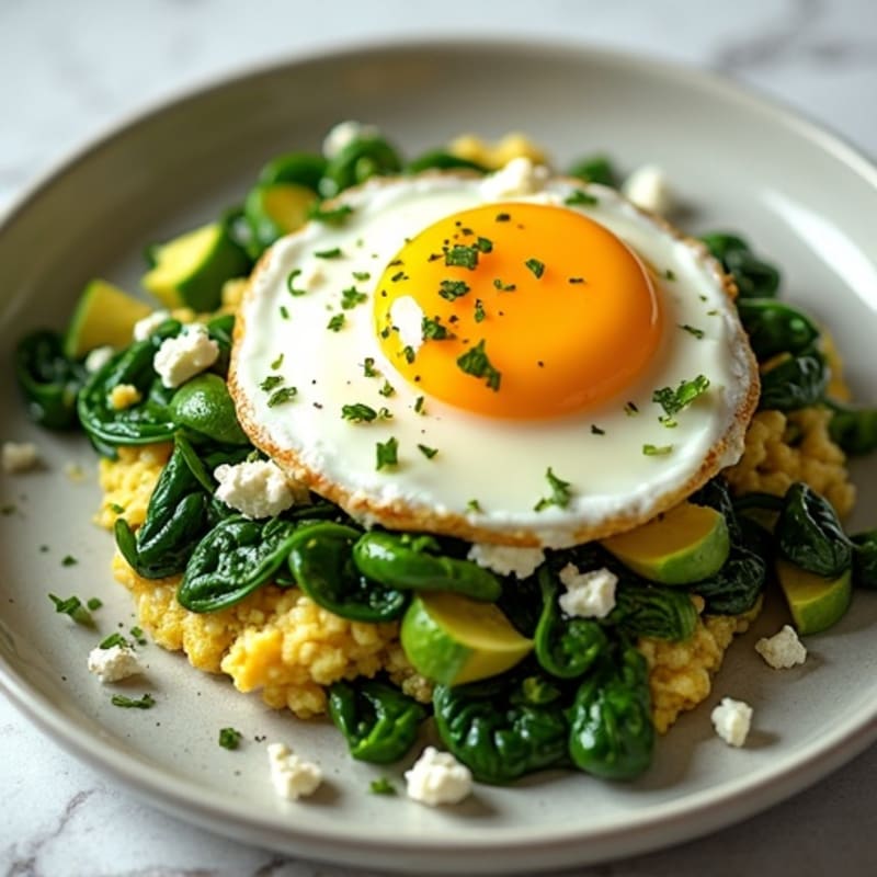 Fluffy Egg Scramble with Sautéed Greens and Avocado