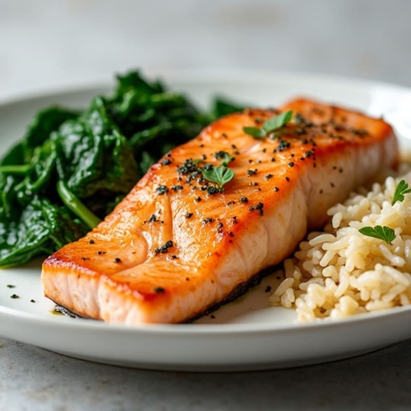 Seared Salmon with Garlic Spinach and Jasmine Rice