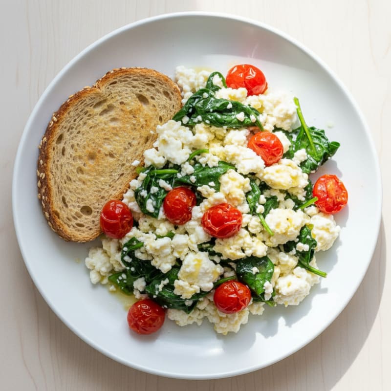 Egg White and Cottage Cheese Scramble with Spinach and Cherry Tomatoes