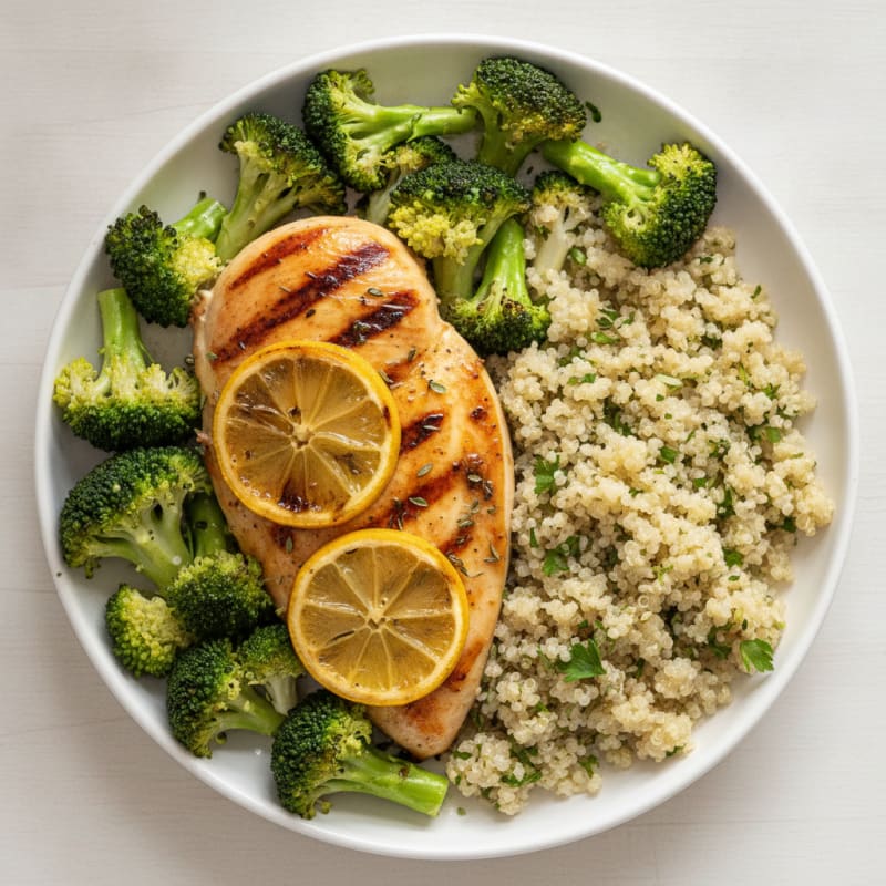 Grilled Chicken Breast with Steamed Broccoli and Quinoa