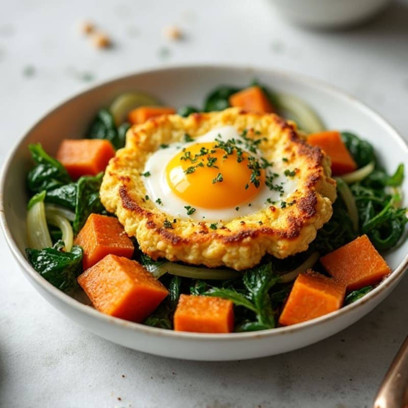 Crispy Chickpea Scramble with Sautéed Greens and Sweet Potato