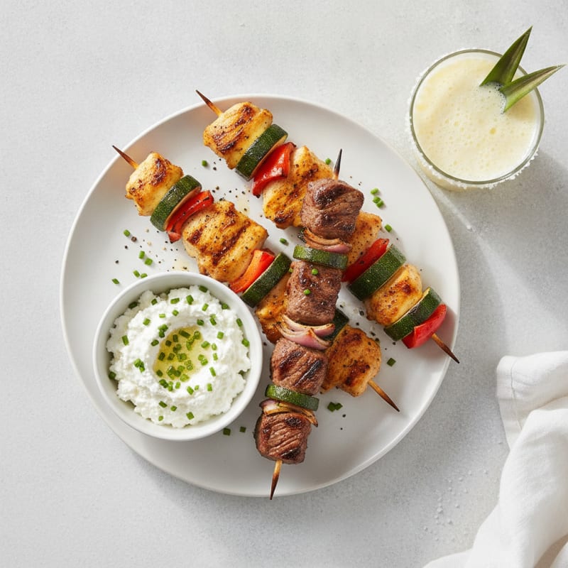 Chicken, Beef, and Vegetable Skewers