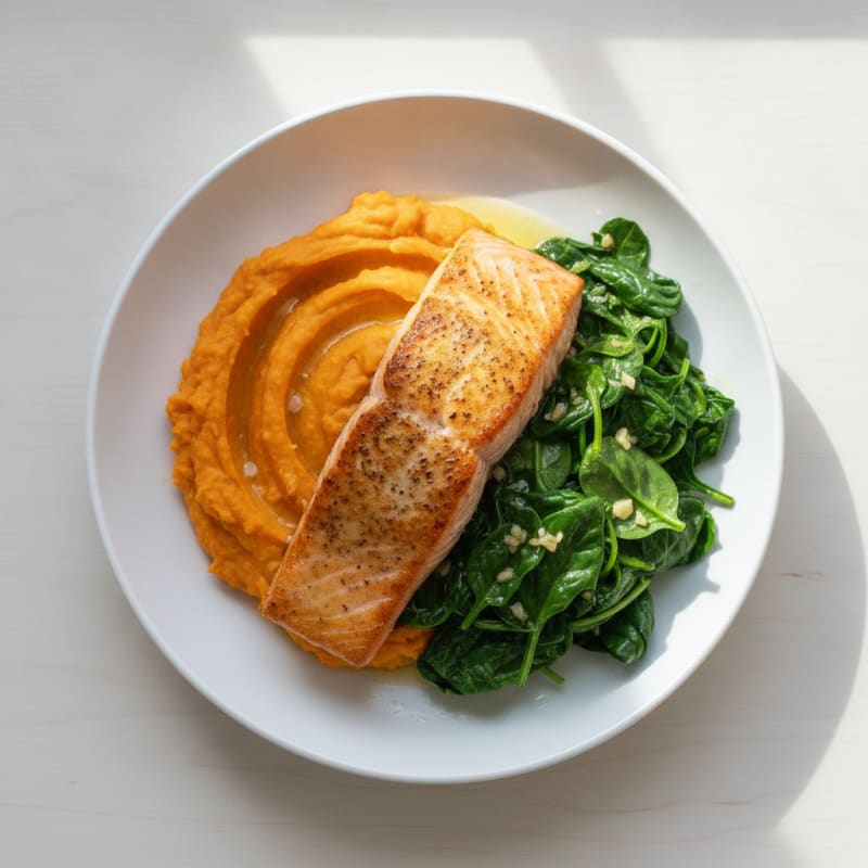 Seared Salmon with Garlic Spinach and Sweet Potato Mash