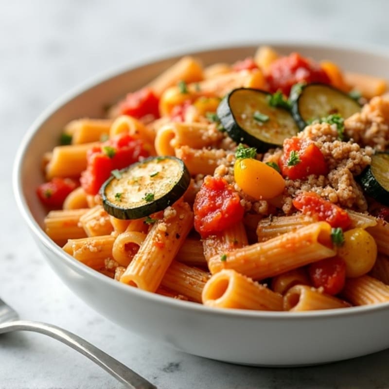 Baked Ziti with Lean Ground Turkey and Roasted Vegetables