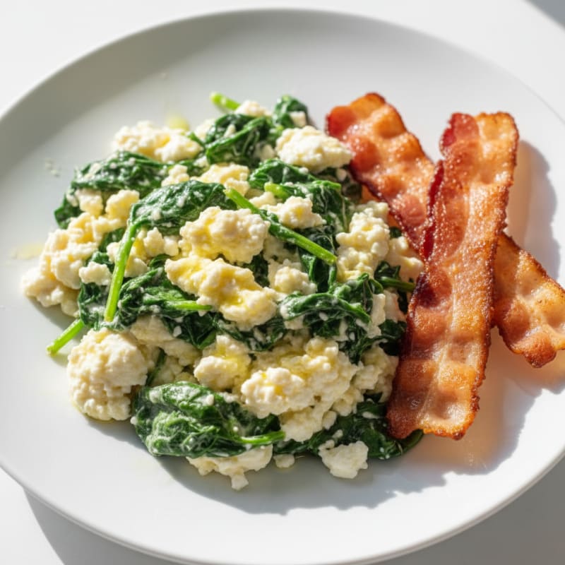 Cottage Cheese Egg Scramble with Sautéed Spinach and Turkey Bacon