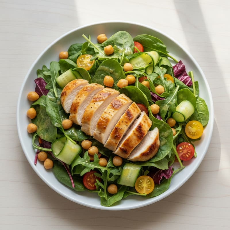 Grilled Chicken Breast Salad with Mixed Greens and Chickpeas