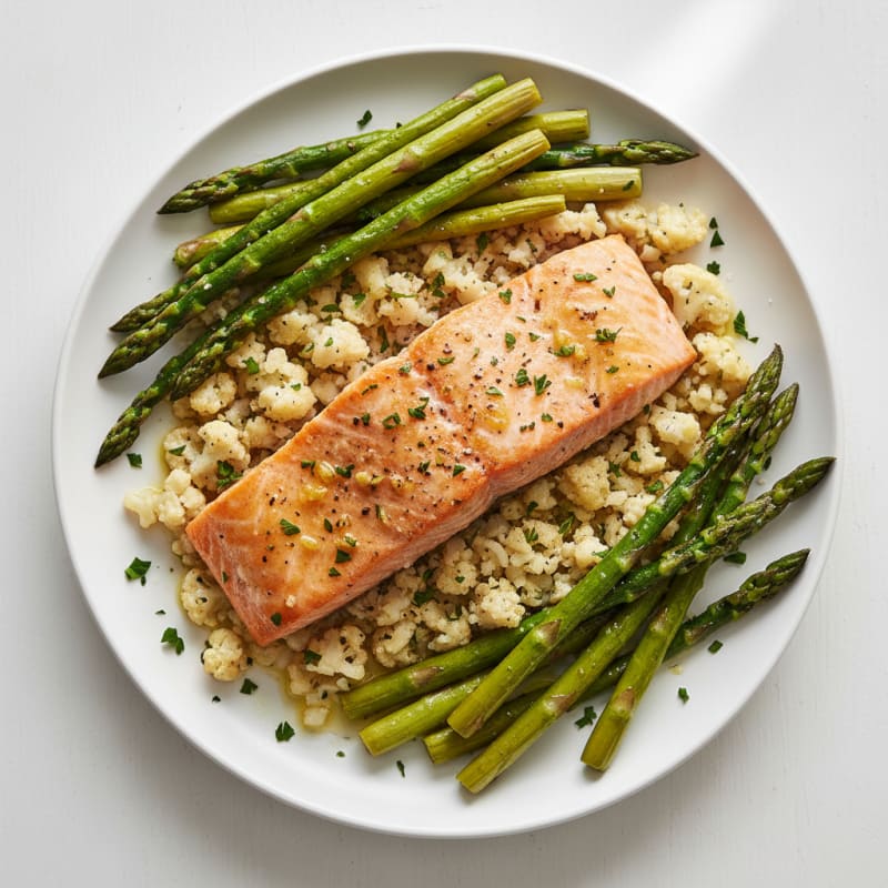 Baked Salmon with Roasted Cauliflower and Asparagus