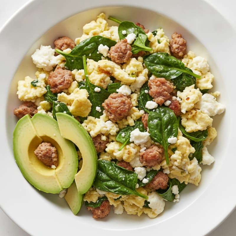 Egg White and Turkey Sausage Scramble with Spinach and Feta