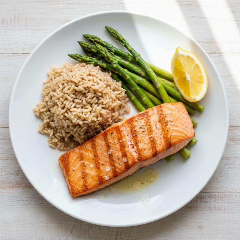 Seared Salmon with Steamed Asparagus and Brown Rice