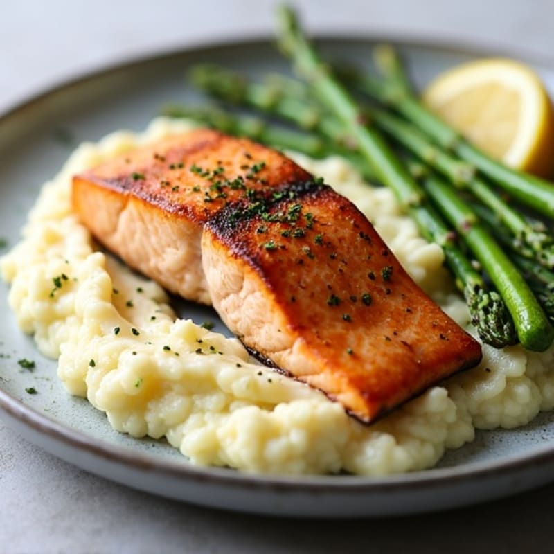 Seared Salmon with Asparagus and Cauliflower Mash