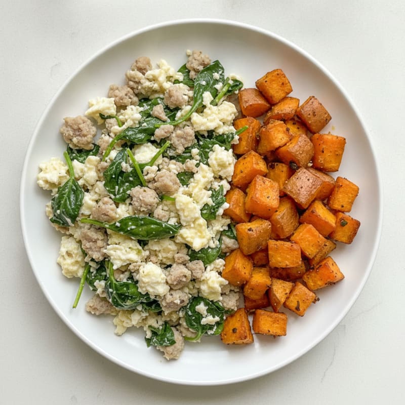 Egg White and Turkey Sausage Scramble with Spinach and Roasted Sweet Potatoes