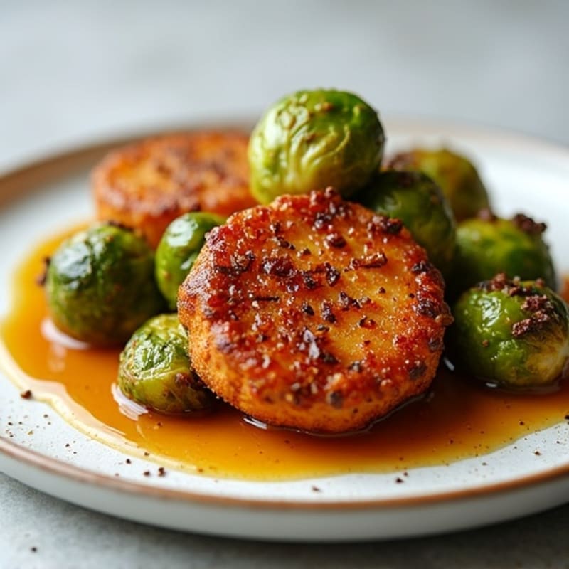 Crispy Maple Glazed Tempeh with Roasted Brussels Sprouts