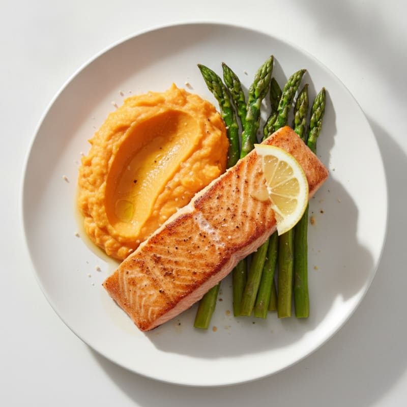 Seared Salmon Fillet with Roasted Asparagus and Sweet Potato Mash