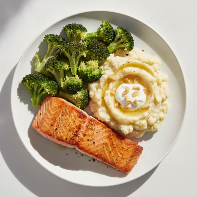 Seared Salmon with Steamed Broccoli and Garlic Mashed Cauliflower