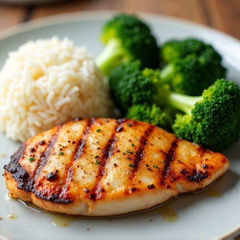 Grilled Chicken Breast with Steamed Rice and Broccoli
