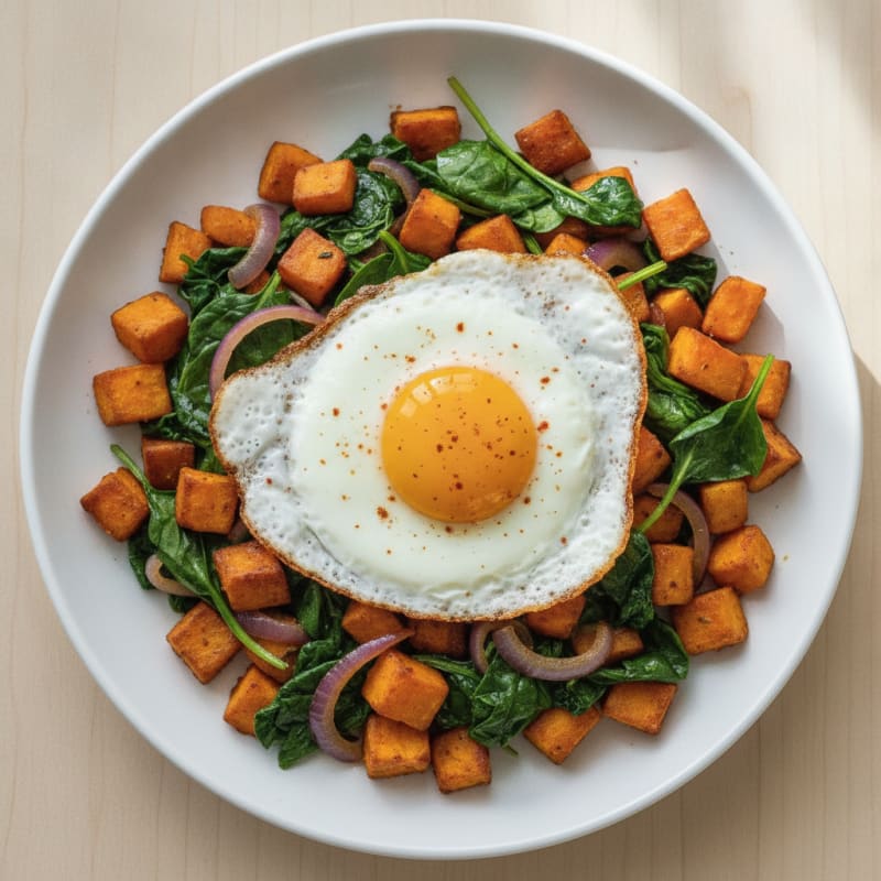 Crispy Egg and Spinach Breakfast Hash with Sweet Potato
