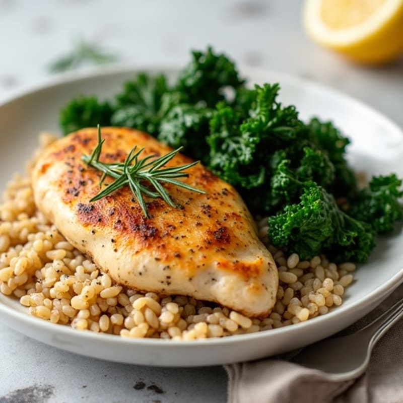 Herb-Roasted Chicken with Crispy Kale and Fluffy Brown Rice