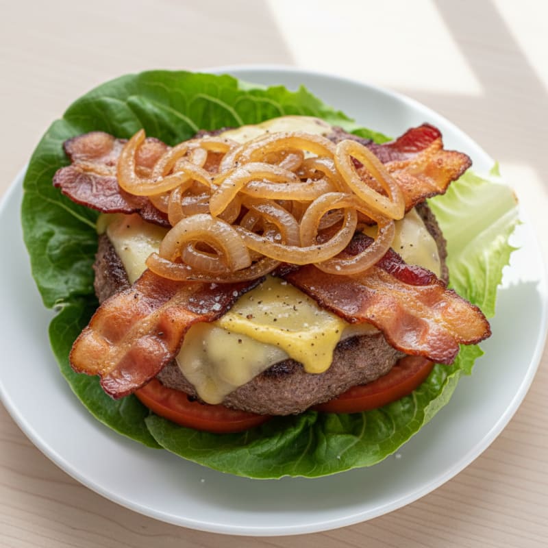 Crispy Bacon Cheeseburger with Caramelized Onions