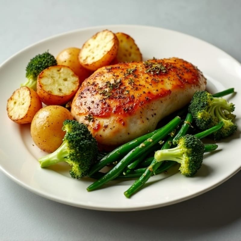 Roasted Chicken and Crispy Potatoes with Roasted Broccoli and Green Beans