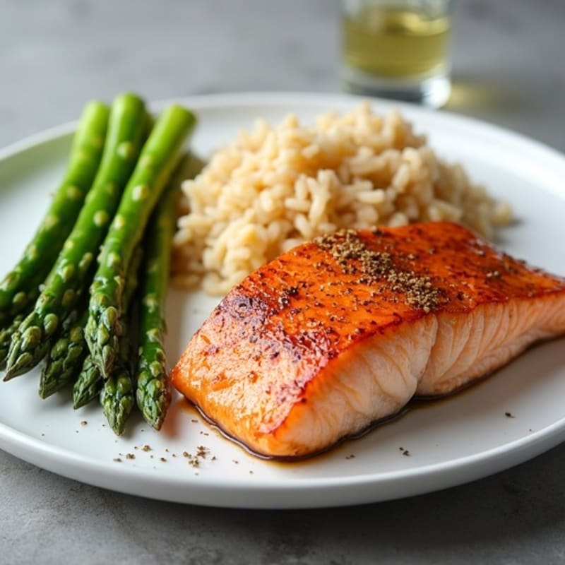 Seared Salmon Fillet with Steamed Asparagus and Brown Rice