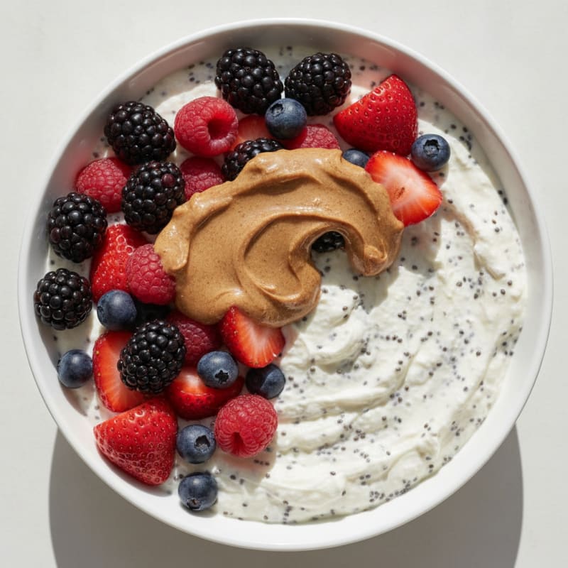 Greek Yogurt Protein Pudding with Almond Butter and Mixed Berries