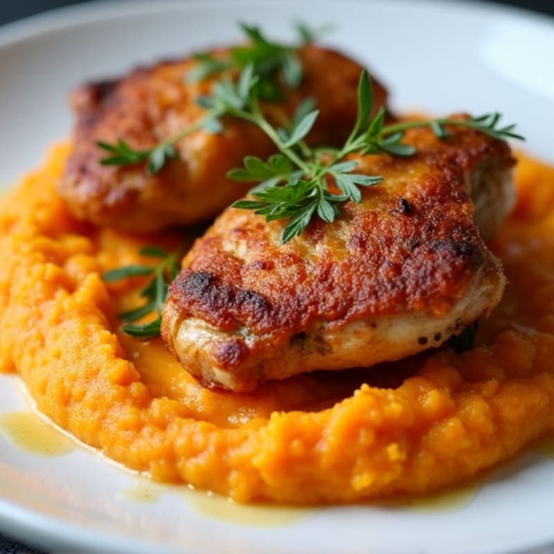 Crispy Chicken Thighs with Creamy Sweet Potato Mash
