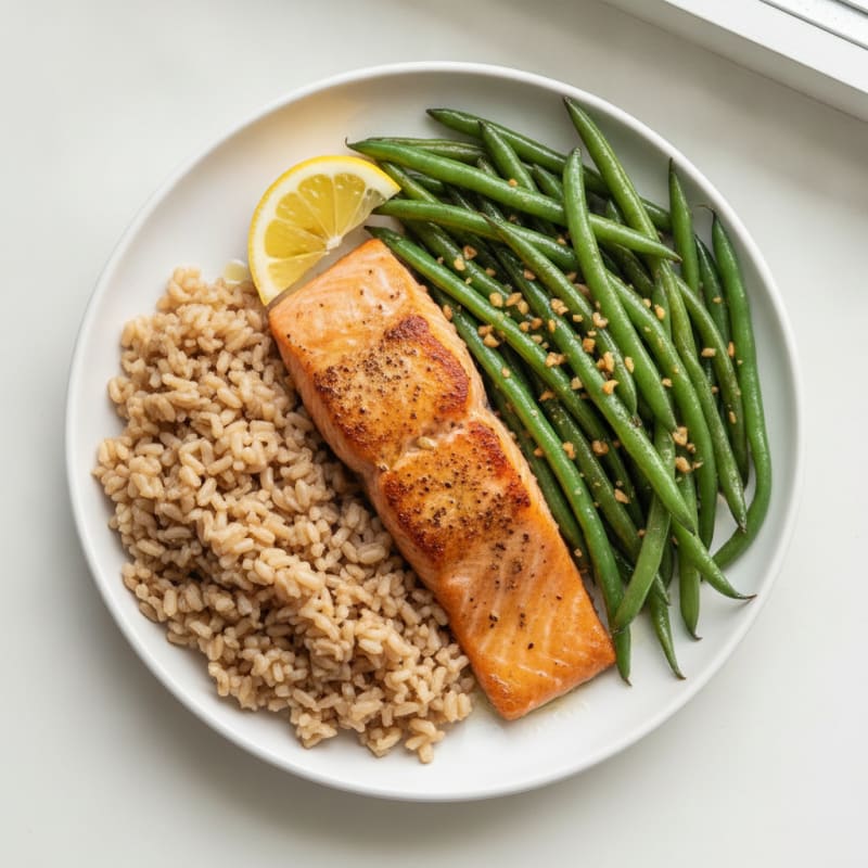 Seared Salmon Fillet with Garlic Green Beans and Brown Rice