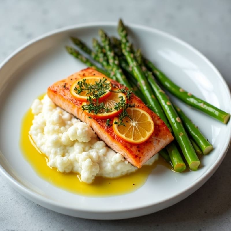 Seared Salmon with Steamed Asparagus and Garlic Mashed Cauliflower