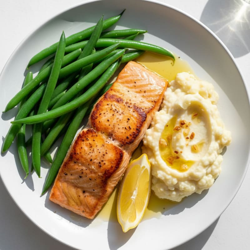 Seared Salmon with Steamed Green Beans and Garlic Mashed Cauliflower