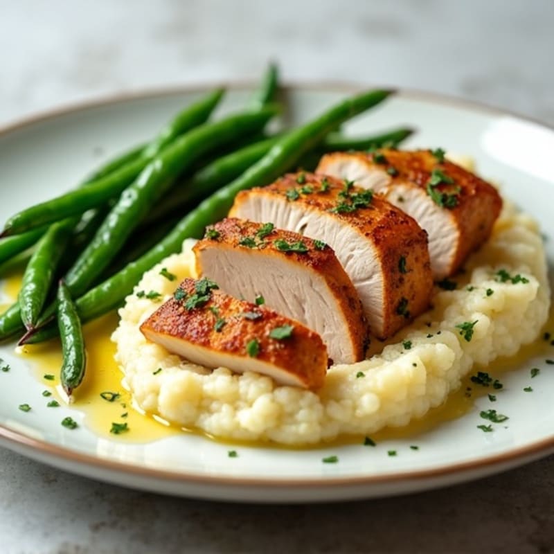 Seared Turkey Breast with Steamed Green Beans and Cauliflower Mash