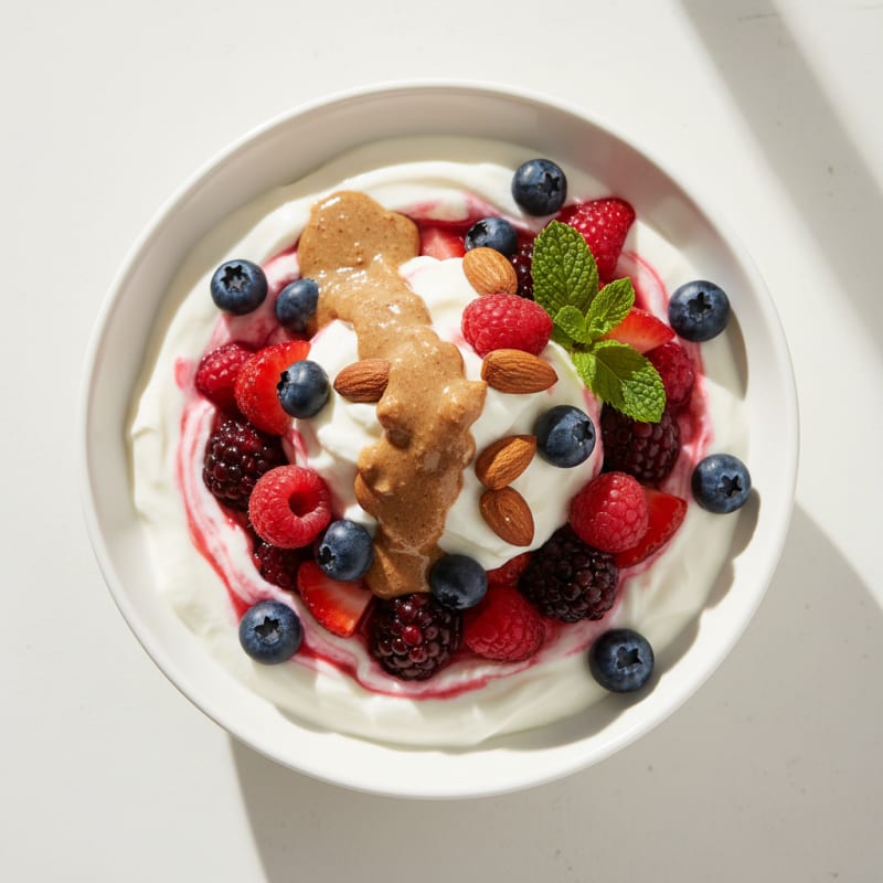 Greek Yogurt Protein Parfait with Mixed Berries and Almond Butter