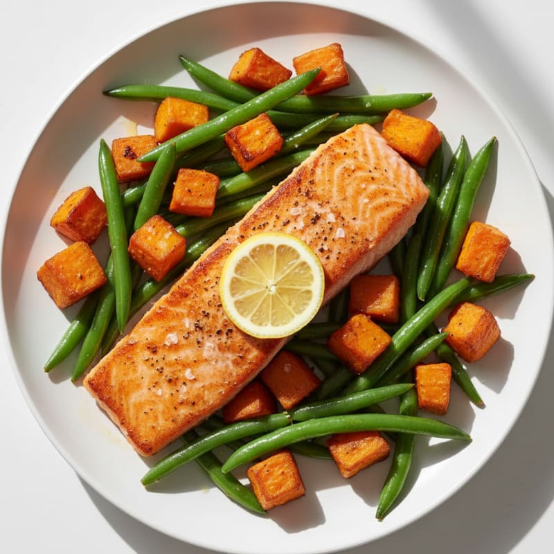 Seared Salmon with Roasted Sweet Potatoes and Green Beans