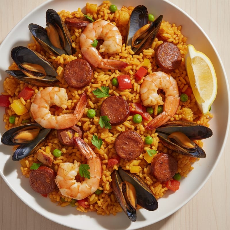 Saffron Seafood Paella with Chorizo