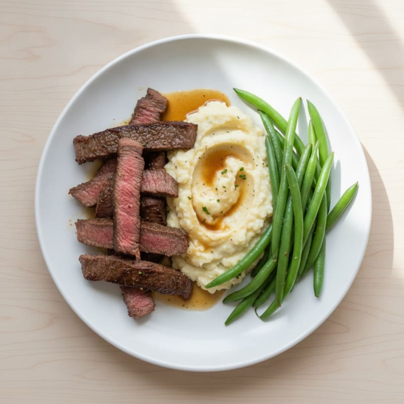 Seared Beef Strips with Steamed Green Beans and Mashed Cauliflower