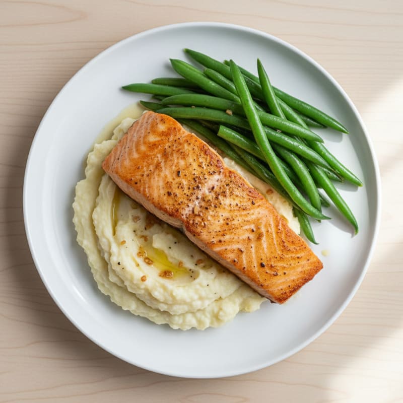 Seared Salmon with Steamed Green Beans and Garlic Mashed Cauliflower