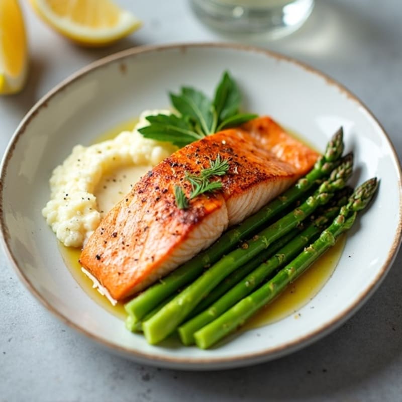 Seared Salmon with Steamed Asparagus and Cauliflower Mash