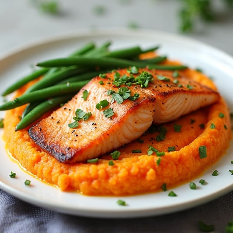 Seared Salmon with Garlic Green Beans and Sweet Potato Mash