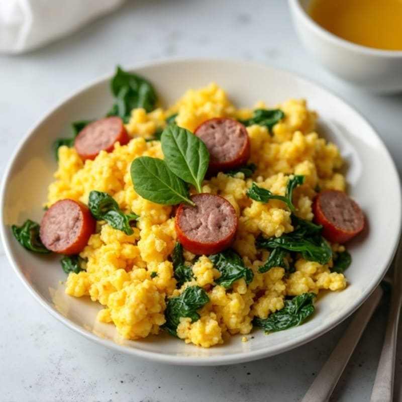 Scrambled Eggs with Turkey Sausage and Spinach