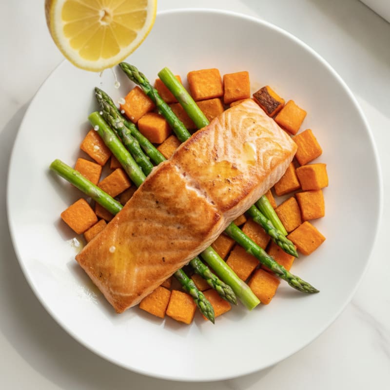 Seared Salmon with Roasted Sweet Potato and Asparagus