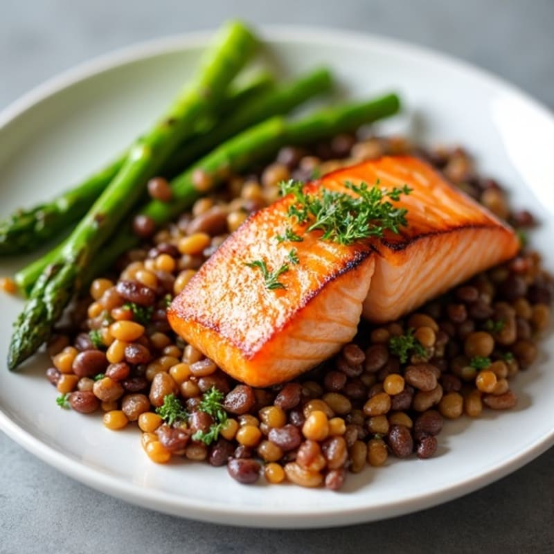 Seared Salmon Fillet with Lentil Salad and Steamed Asparagus