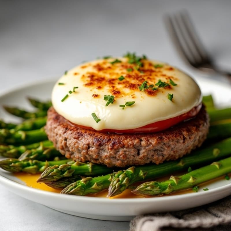 Pan-Seared Lean Beef Burger with Crispy Mozzarella and Roasted Asparagus