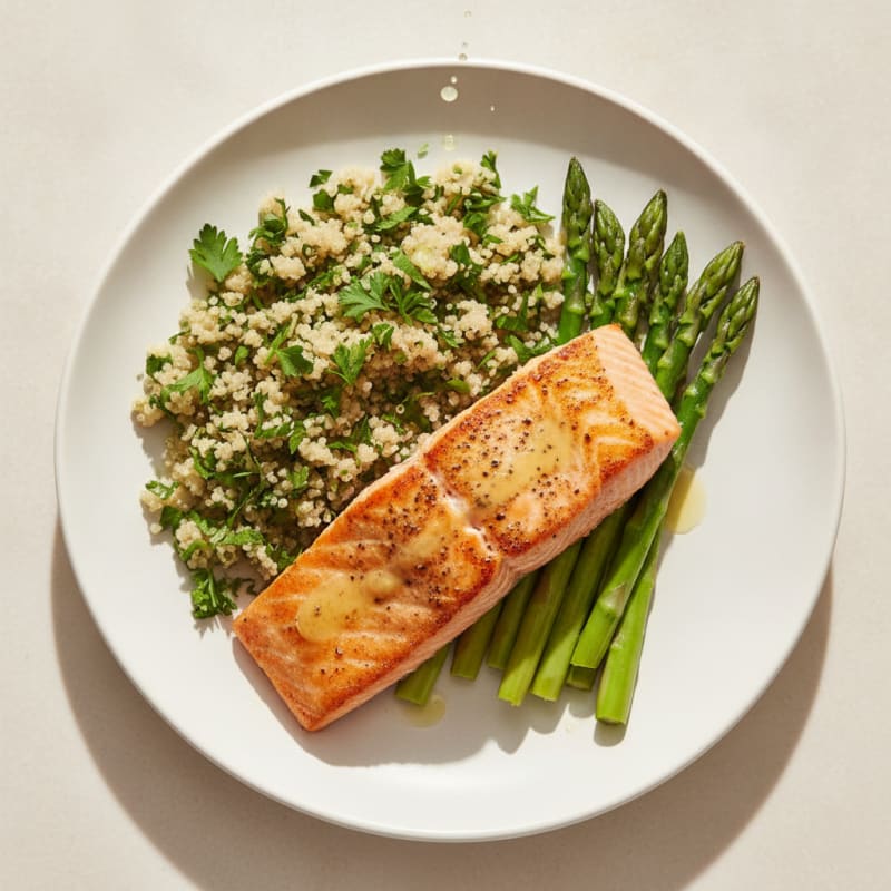 Seared Salmon with Herb Quinoa and Steamed Asparagus