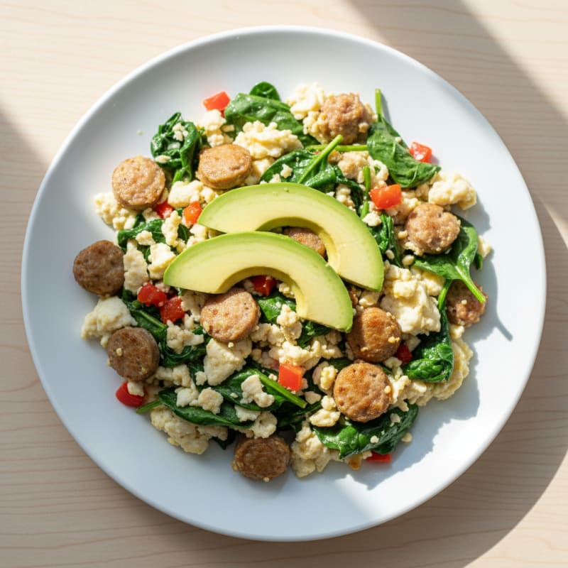 Egg White Scramble with Turkey Sausage and Sautéed Spinach