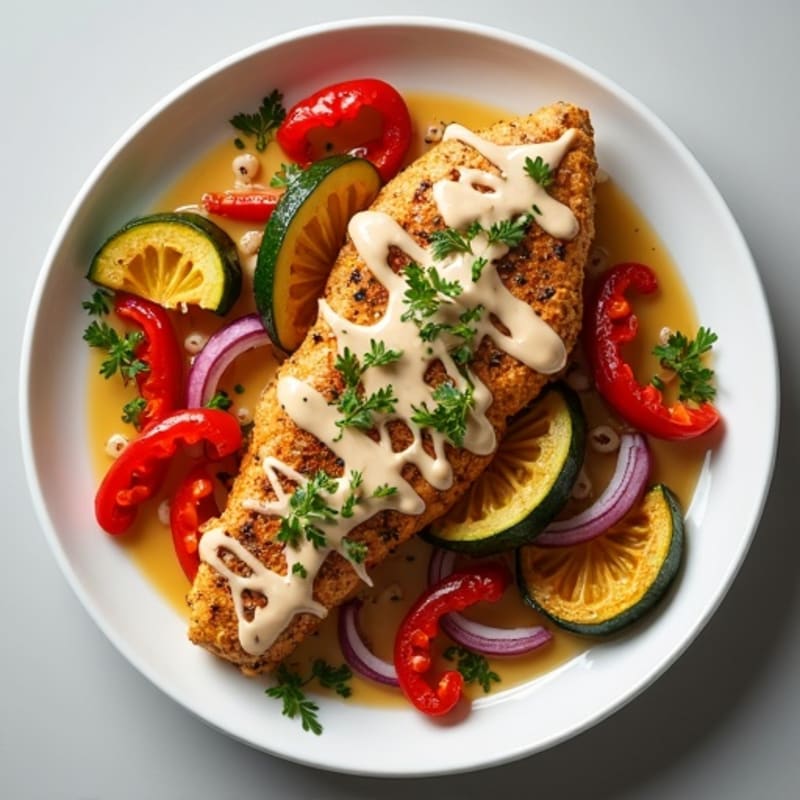 Spiced Chicken with Roasted Vegetables and Creamy Tahini Drizzle