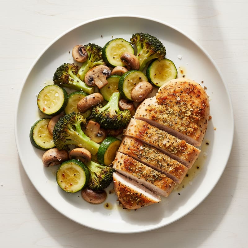 Roasted Broccoli Courgette Mushroom Medley with Herb-Crusted Chicken
